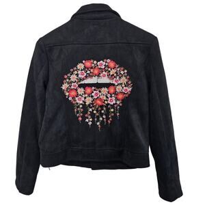 Savanna Jane Velvet Lips Jacket Women Small Embroidered Floral Boho Western Moto
